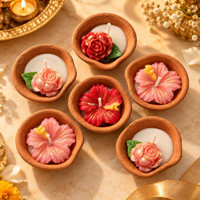 0025 Handcrafted Floral Terracotta Clay Diya Set