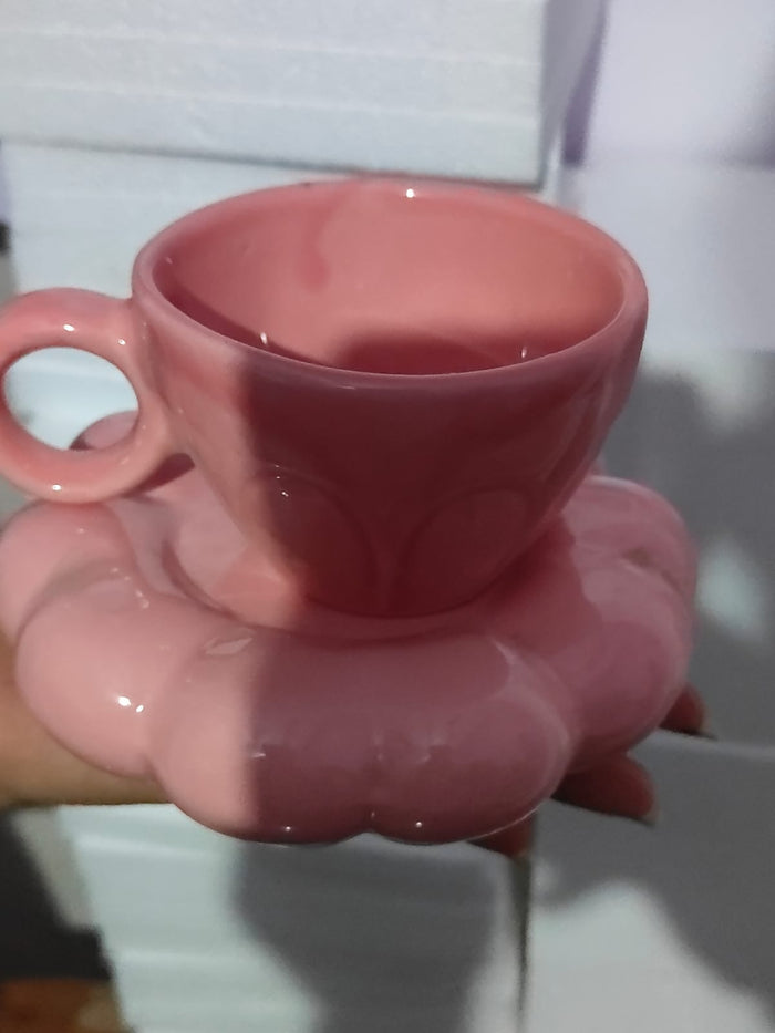 0013 Pastel Pink Ceramic Teacup and Flower Saucer Set