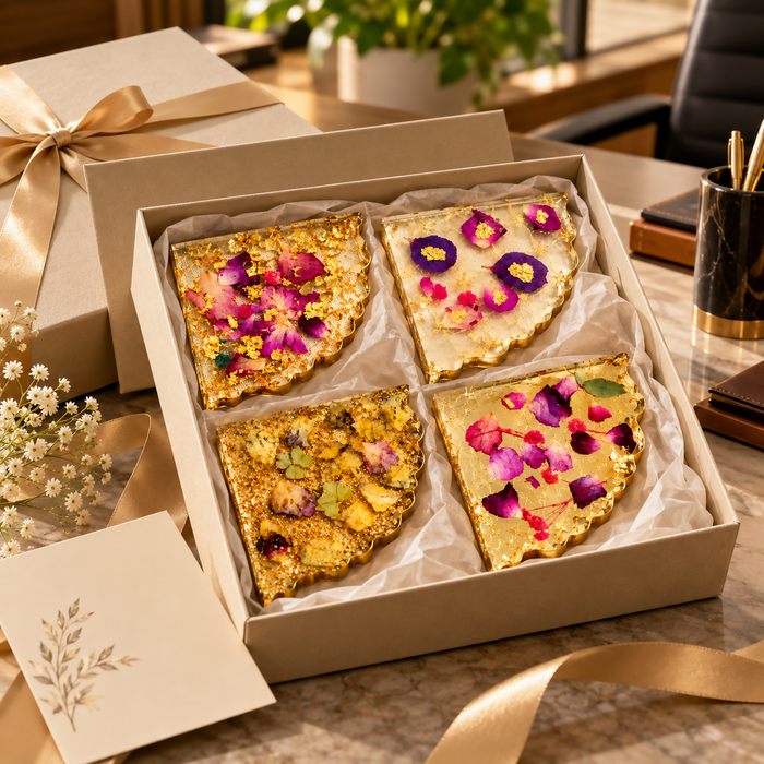 Shaped Floral Resin Coaster Set with Gold Foil & Real Pressed Flowers SET