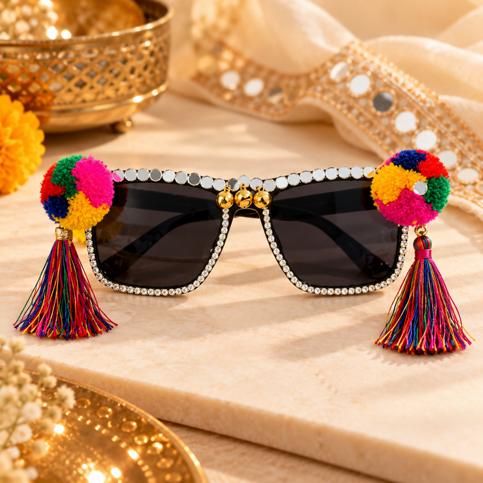 Indo-Western Bohemian Pom-Pom & Mirror Work Festival Sunglasses 0014
