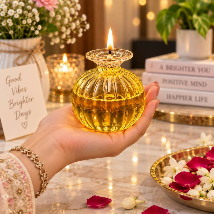 0015 Decorative Crystal-Glass Round Akhand Diya Oil Lamp