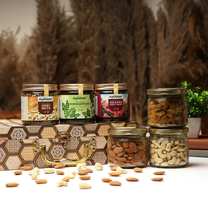Apidear Festive Honey Delights & Dry Fruits Premium Gift Box - 6 Jars