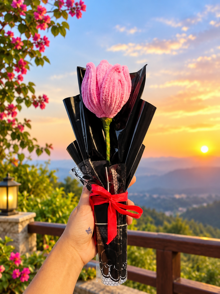 0034 Handcrafted Single Pink Tulip Pipe Cleaner Bouquet