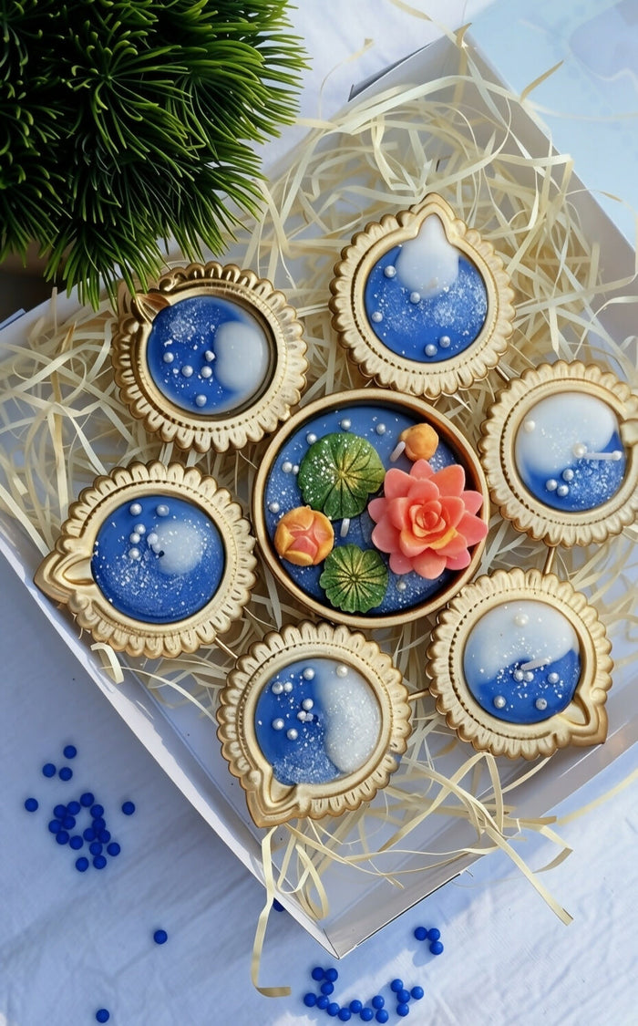 0025 Royal Blue & Gold Lotus Pond Diya Gift Set