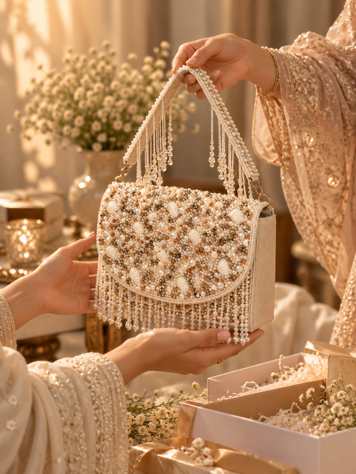 Pearl & Stone Embellished Clutch Bag