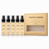 Five-bottle fragrance lineup with cream-gold carton