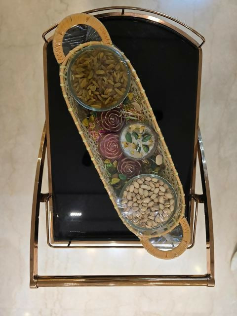 0044 Oval Woven Cane Platter Dry Fruit & Candle Hamper