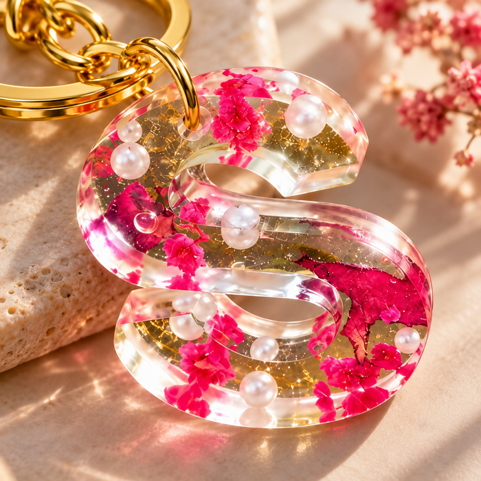 Resin Initial Keychain with Real Pressed Flowers & Pearls