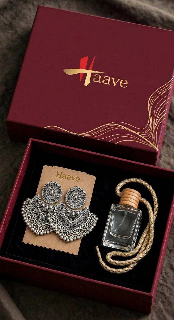 Traditional Oxidised Silver Drop Earrings Car Fragrance Set