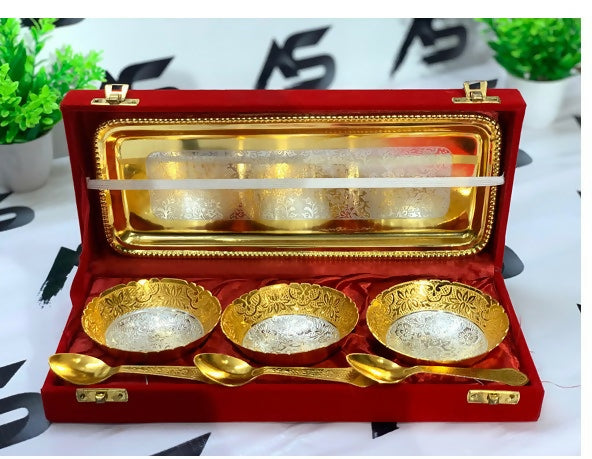Royal Dual-Tone Gold & Silver 3-Bowl Serving Set with Tray & Spoons