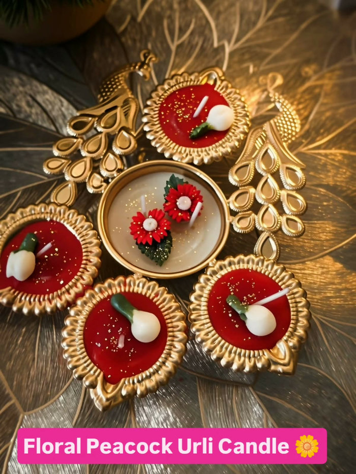 0025 Royal Floral Peacock Urli & Diya Candle Set