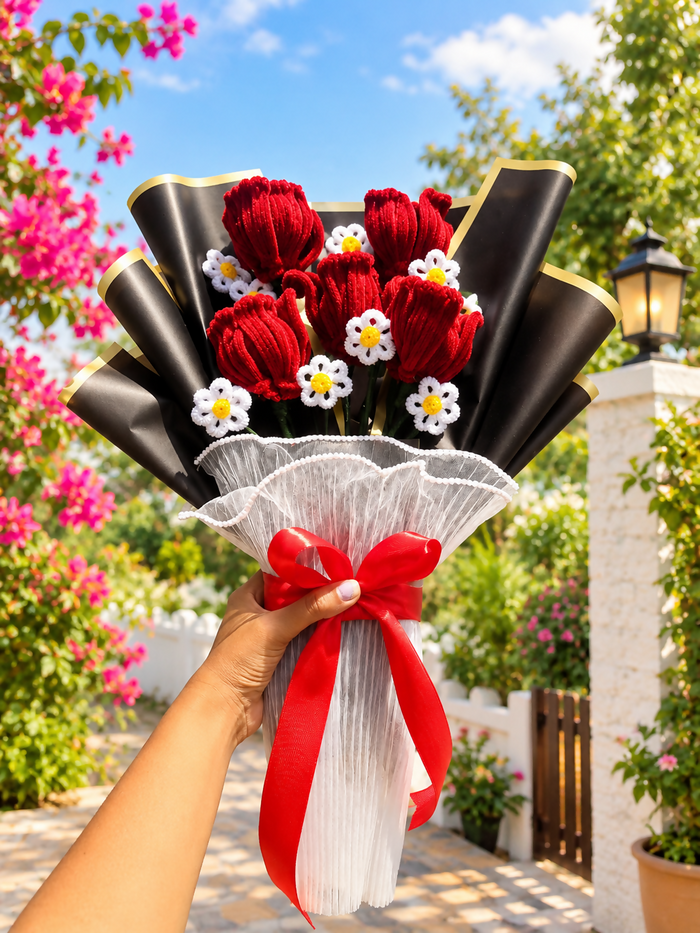 0034 Elegant Red Tulip & White Daisy Handmade Bouquet