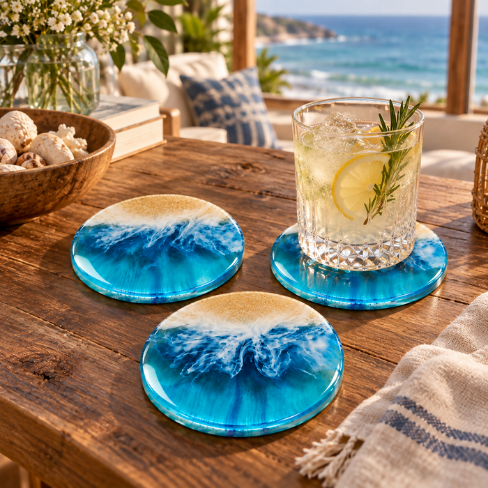 Ocean Wave Resin Round Coaster Set