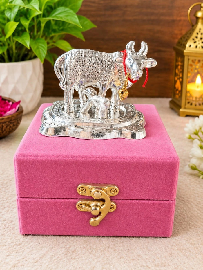 0043 Silver Plated Kamdhenu Cow with Velvet Gift Box