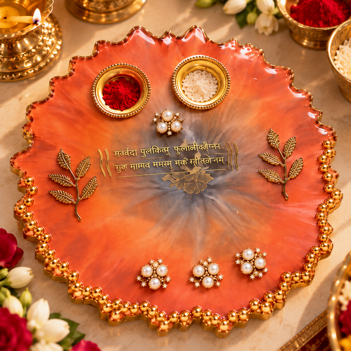 Resin Mantra Puja Thali Display with Brass Bowls