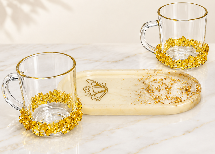 Handcrafted Golden Floral Glass Tray Set