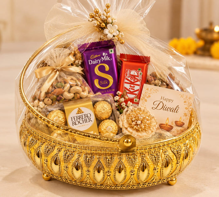 0065 Golden Royal Golden Metal Tray Diwali Gift Hamper