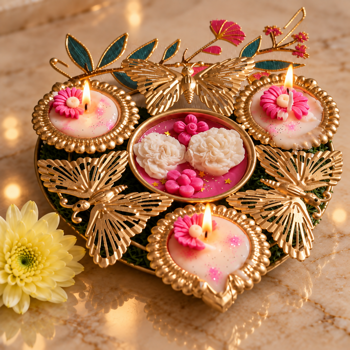 0022 Royal Golden Butterfly Diya Candle Holder Set