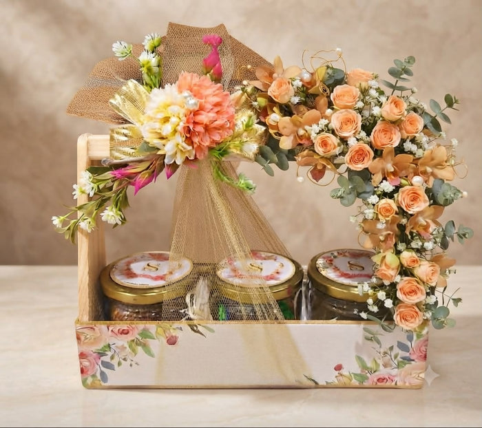 0062 Luxury Floral Wooden Crate Dry Fruit & Gourmet Jar Gift Hamper