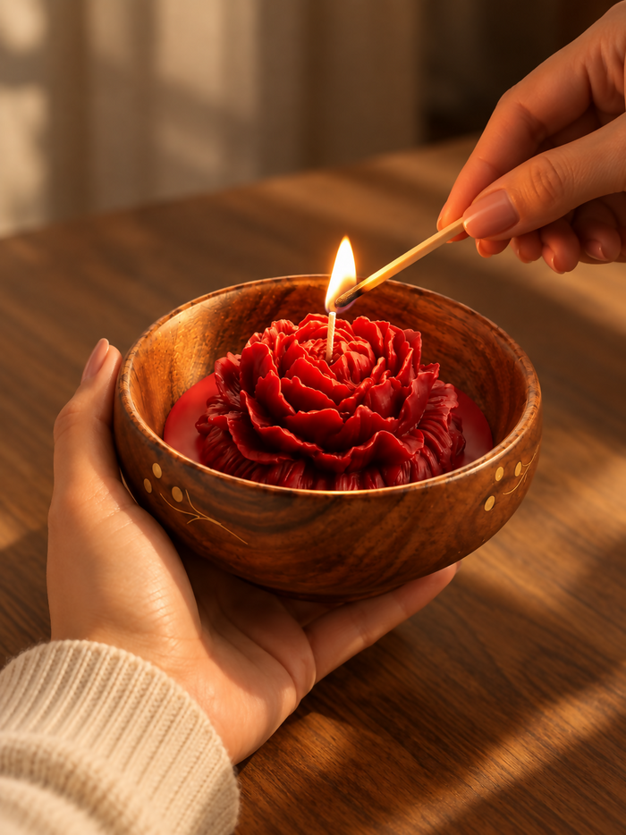 Artisan Peony Candle in Wooden Bowl
