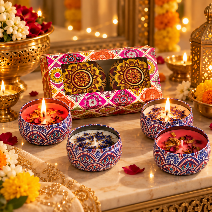 Mandala Printed Floral Tin Candle Gift Set