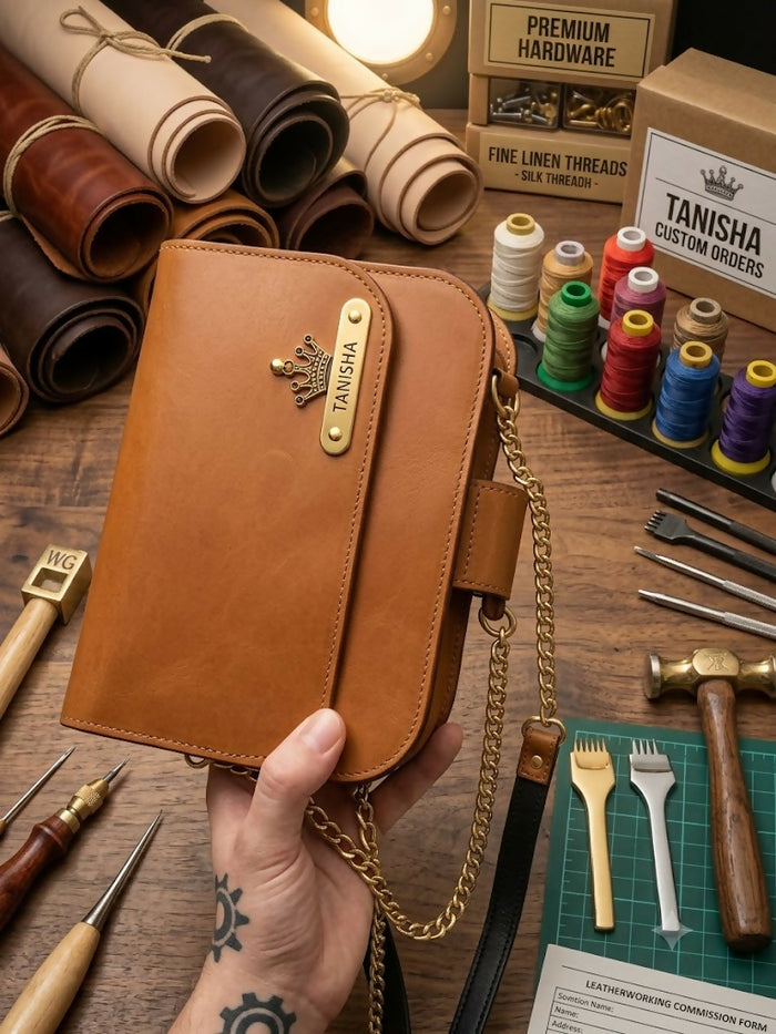 0048 Personalized Tan Leatherette Crossbody Sling Bag