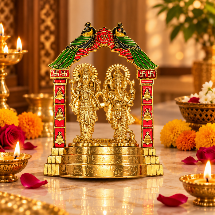 Auspicious Peacock Arch Laxmi Ganesha Idol Set