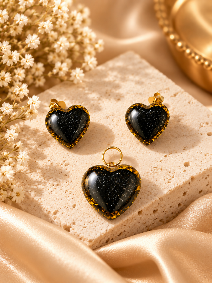 Handcrafted Black Heart Pendant & Stud Earrings Set 0004