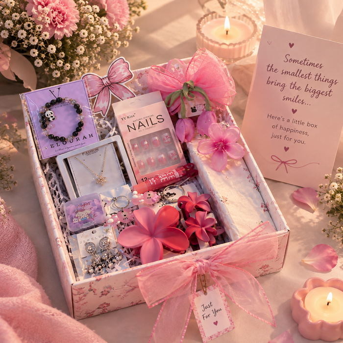 0019 Cute Pink Beauty & Jewellery Gift Hamper for Her – Floral Accessories, Nails & Fashion Jewellery Gift Box Price