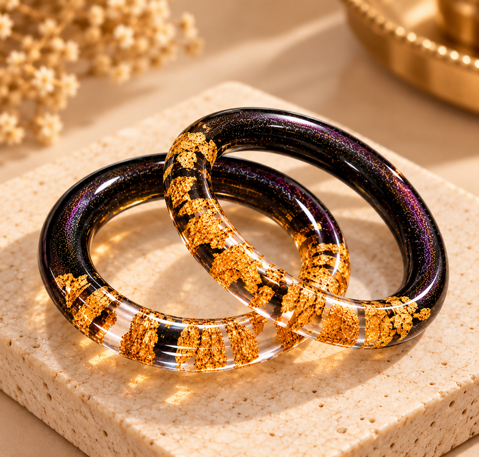Handcrafted Black & Gold Foil Resin Bangles 0004