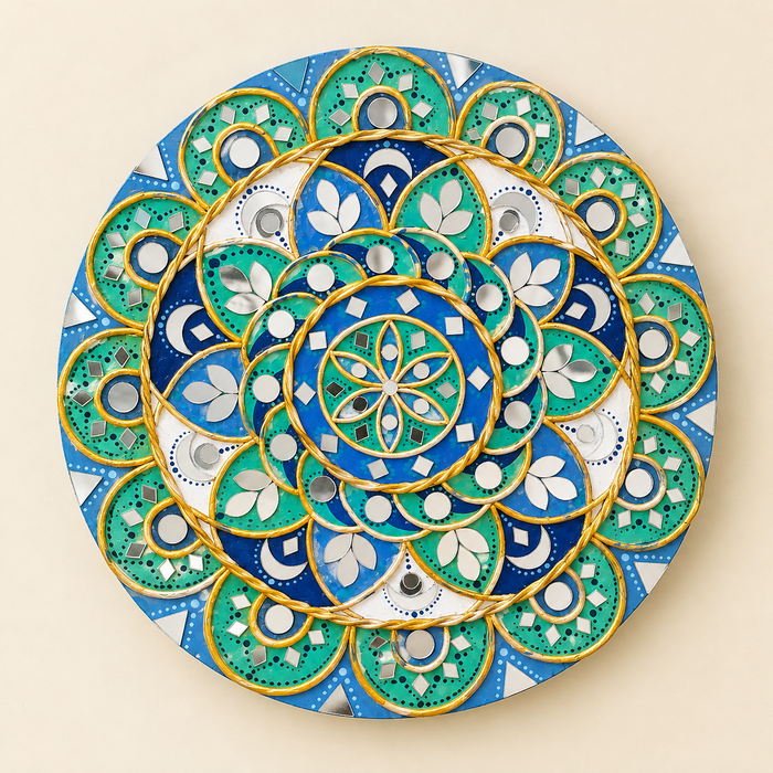 0042 Ornate Teal and Gold Mandala Lippan Plaque