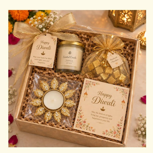 0029 Elegant Vanilla & Gold Diwali Gift Box Hamper