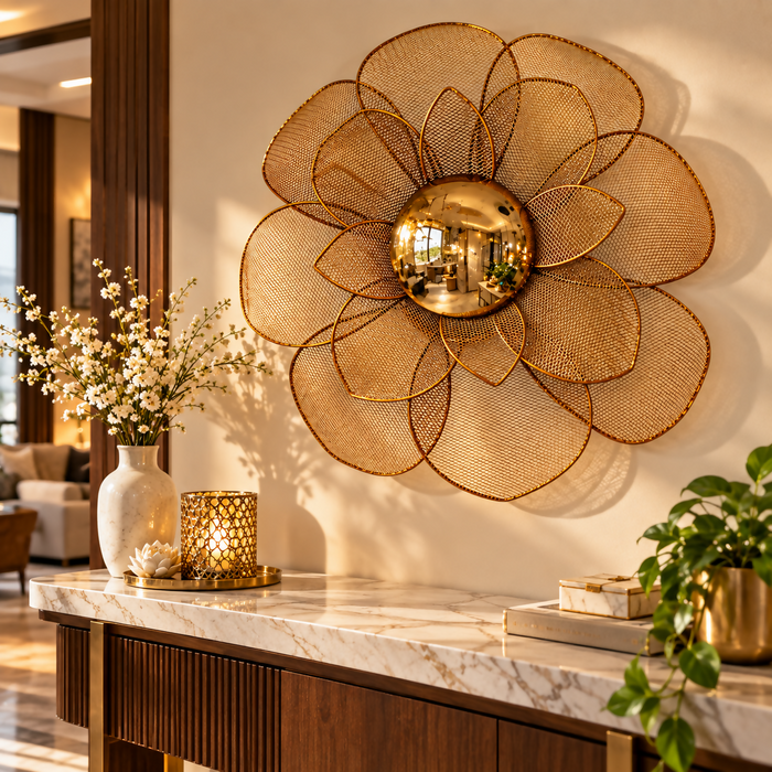 Elegant Golden Mesh Flower Wall Décor