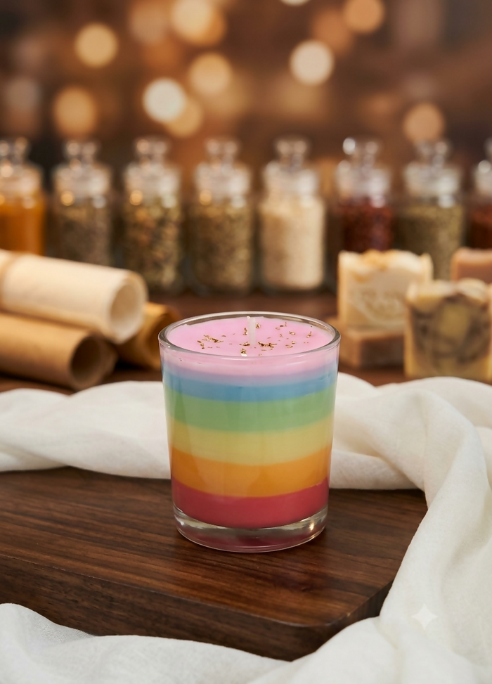 0023 Artisan Rainbow Layered Chakra Candle With Gold Flakes