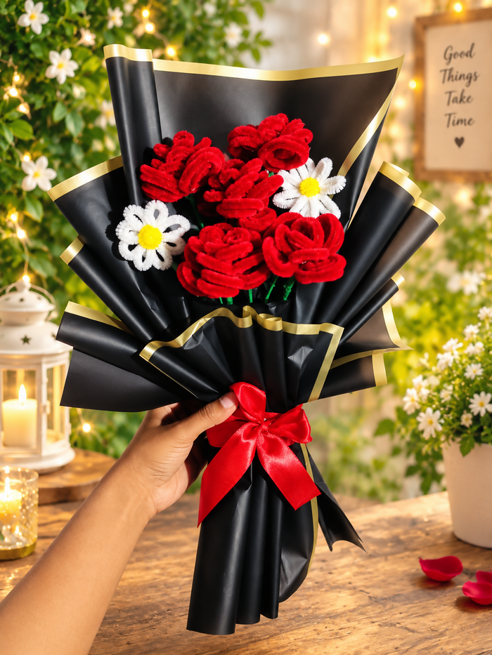0034 Romantic Red Rose & White Daisy Bouquet – Handmade Gift