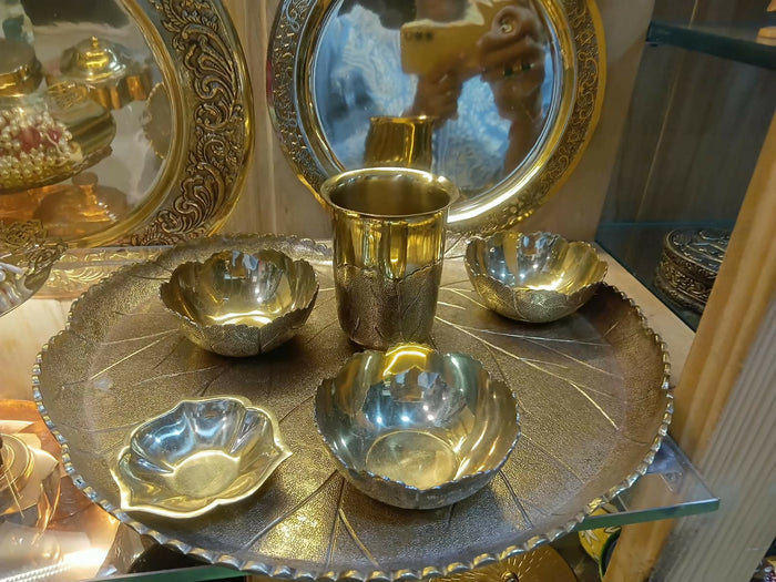 0042 Traditional Brass Pooja Thali Set with Tumbler and Bowls