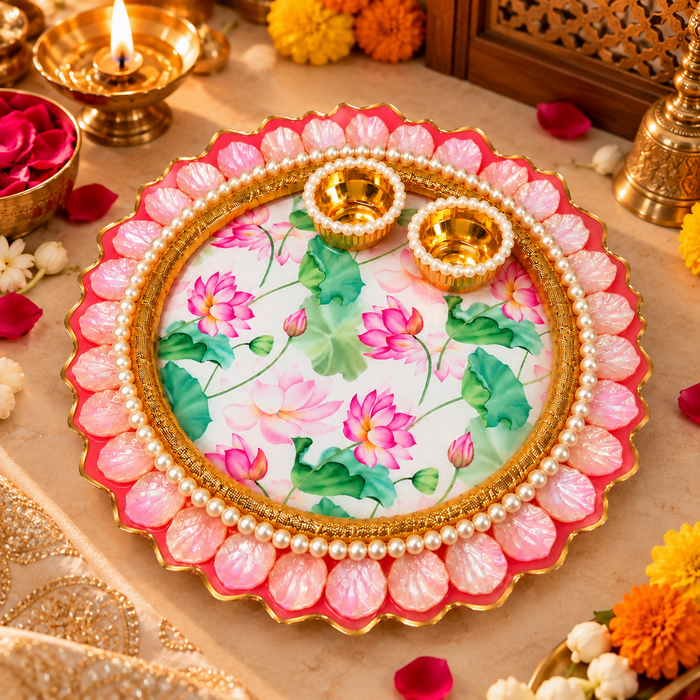 Handcrafted Floral Resin Pooja Thali with Pearl Embellishments