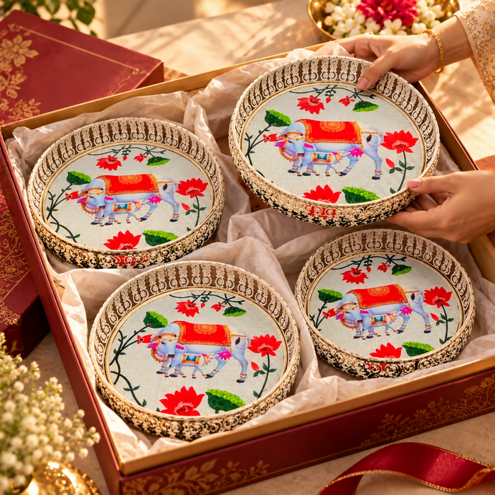 Handcrafted Cow & Floral Decorative Plate Set – Set of 4