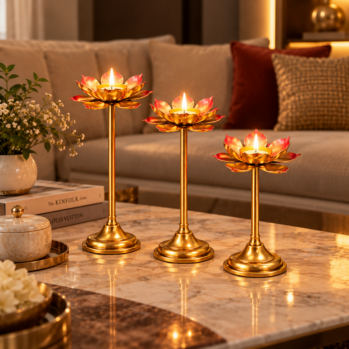Golden Lotus Diya Candle Stand Set