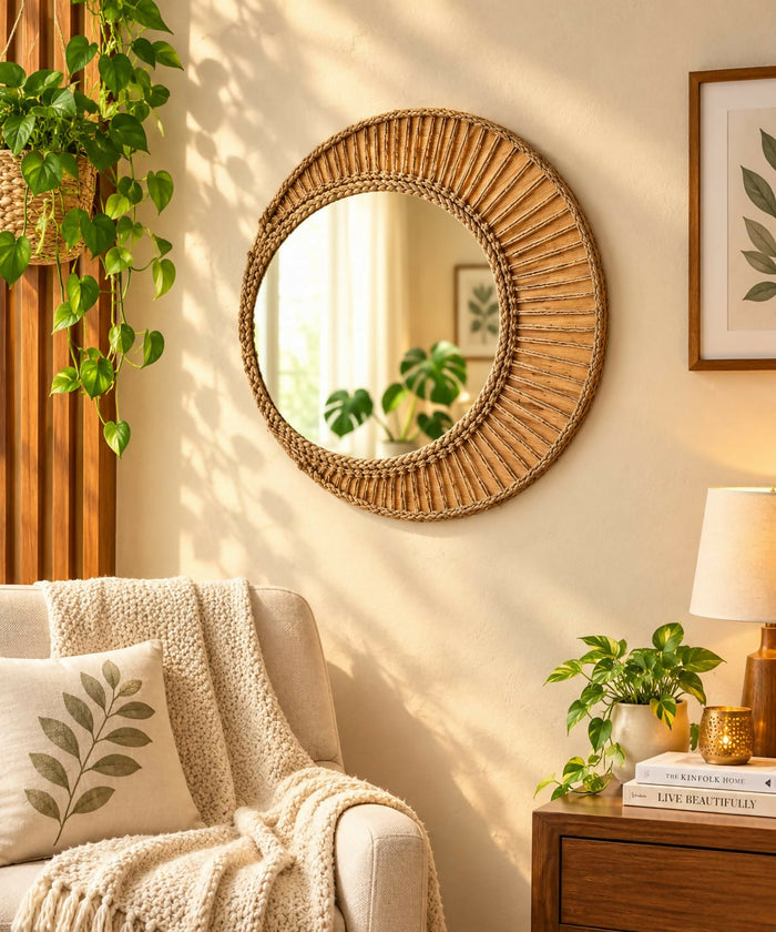 0001 Handcrafted Sunburst Rattan Wall Mirror Size 12inch