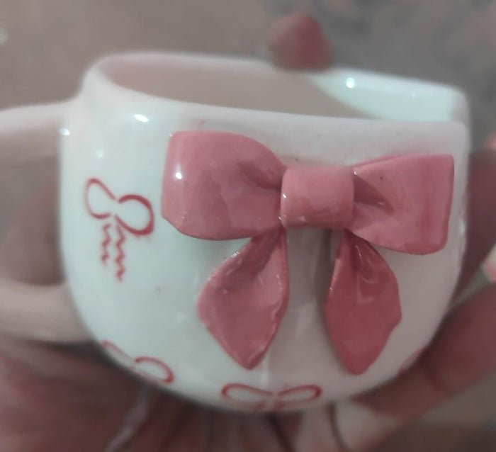 0013 Cute White Ceramic Cup with Pink Bow Accent