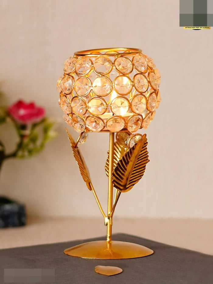 0043 Crystal Globe Candle Holder with Golden Leaf Stand